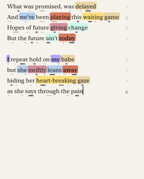A verse in the app with rhyming words sharing soft colors and a syllable count beside every line.