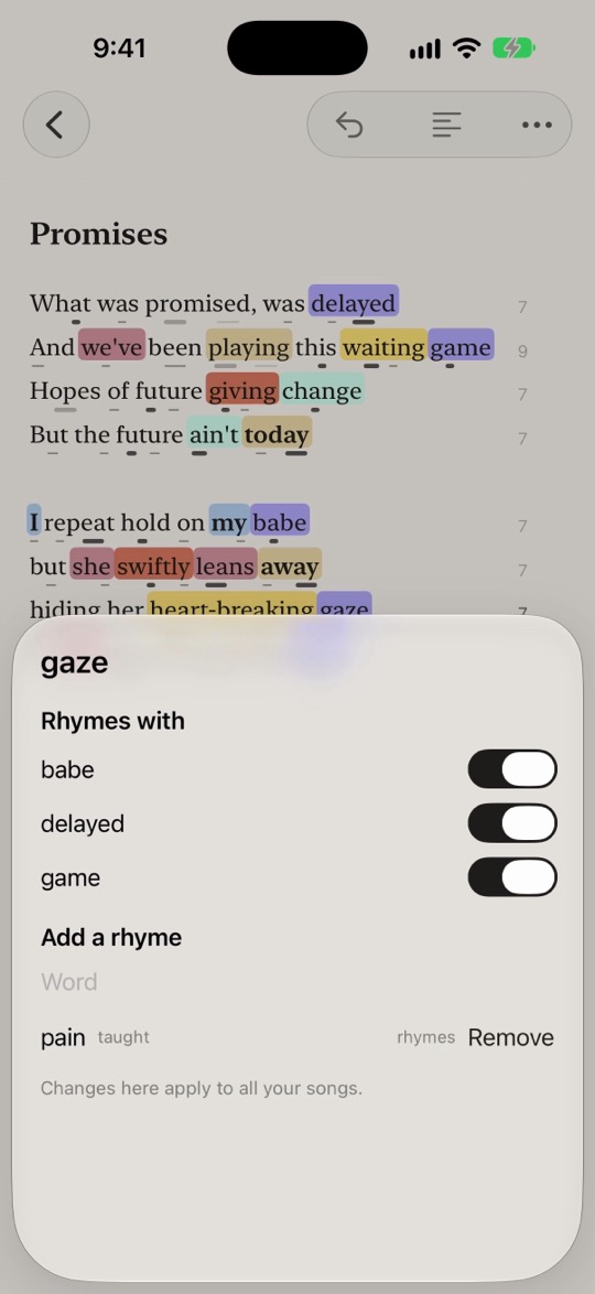 The edit card on the word gaze, listing the words it rhymes with and a rhyme the writer added.